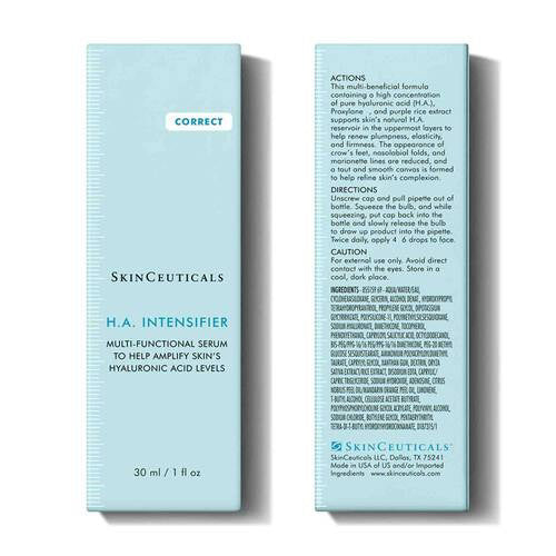 An image showing three drops of beige, lightweight, hyaluronic acid serum on a light background. Text on the image reads: &quot;At a Glance: Texture - Lightweight, serum-gel. Skin Type - Normal, Oily, Dry, Combination, Sensitive. Perfect for skin hydration.&quot; Featuring SKINCEUTICALS - HA INTENSIFIER 30M by SKIN CEUTICALS.