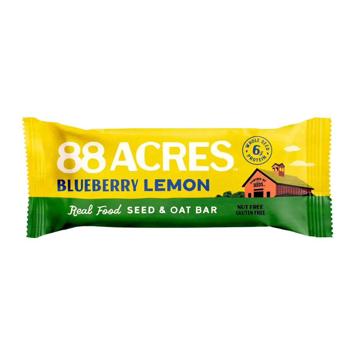 An 88 ACRES - BLUEBERRY LEMON SEED OAT BAR rests in its packaging on a white wooden surface, displaying images of blueberries and lemons. The gluten-free, vegan bar from 88 ACRES is nut-free, nutritious, and delicious.