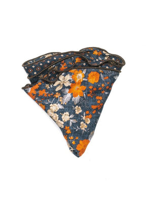The EDWARD ARMAH Silk Reversible Pocket Circle Denim Floral features a blue denim floral print with orange, white, and beige accents and a dark border, showcased against a white background.