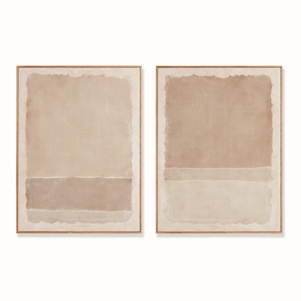The NAPA HOME AND GARDEN - COMPOSITION IN TAUPE GICLEES feature two abstract paintings with divided rectangular sections in muted beige tones, soft, blended edges, and a light wood frame—perfect for adding a timeless look to any contemporary space.