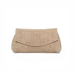 The OLIVEVE Valentina Clutch in Ecru Italian Croco-Embossed Suede, featuring a magnetic snap closure, is displayed on a white background.