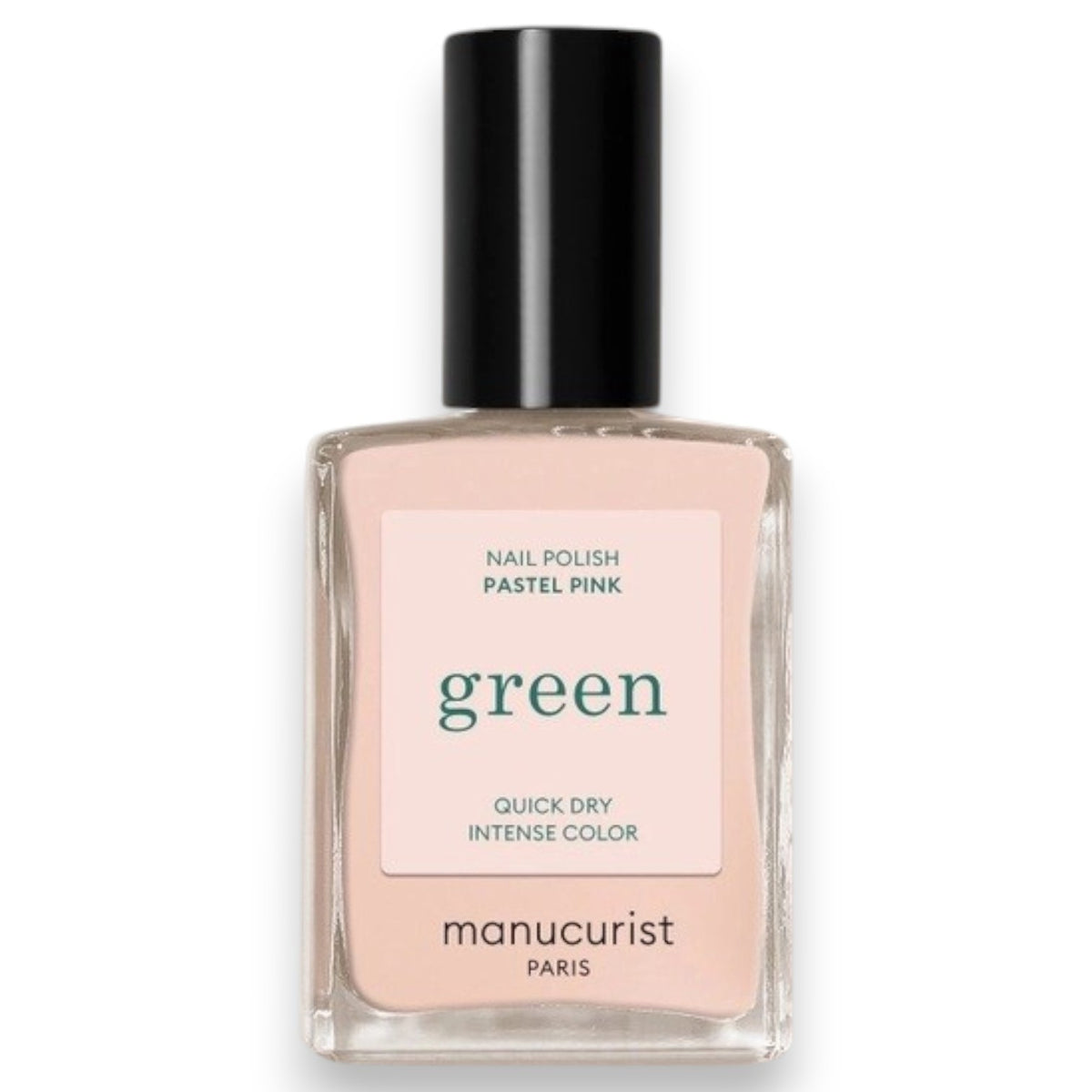 A hand with neatly manicured nails—polished with MANUCURIST - GREEN™ Nail Polish in Pastel Pink by MANUCURIST INC—rests on light brown sand, a few grains clinging to the skin.