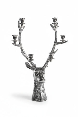 STAG HEAD 6 TIER CANDLEHOLDER IN SILVER ANTIQUE, a silver-toned alloy deer head statue featuring six candle holders positioned along its 16 in x 8 in x 24 in antlers.