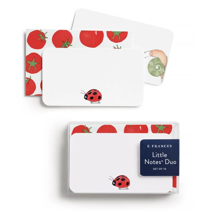 The E. FRANCES - LITTLE NOTES DUO LADYBUG by E. FRANCES PAPER features whimsical, hand-drawn ladybugs on a white background—perfect for Little Notes or gift tags and pairs beautifully with matching envelopes.
