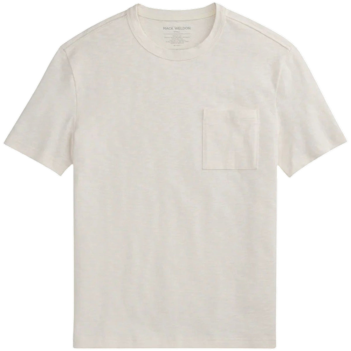 A man with short hair and a beard wears the MACK WELDON Heavyweight Slub Cotton Pocket T-Shirt in Froth, standing against a plain white background with his hands behind his back, looking at the camera.