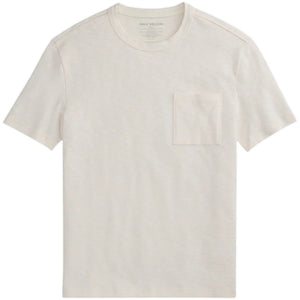 A man with short hair and a beard wears the MACK WELDON Heavyweight Slub Cotton Pocket T-Shirt in Froth, standing against a plain white background with his hands behind his back, looking at the camera.