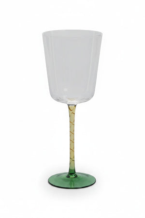 VICENZA GREEN AND AMBER RED WINE GLASS featuring a 9-inch clear bowl, a green base, and a 3.5-inch patterned amber stem.
