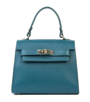 The LE BORSETTE LEATHER SATCHEL BAG is a small, structured satchel-shaped handbag in light pink, featuring a gold clasp at the front. It boasts a single top handle, an adjustable shoulder strap, and two gold-tone hardware pieces on either side of the handle. The textured leather adds to its luxurious and elegant appearance against the plain white background.