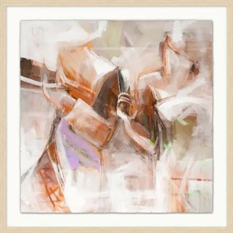 THIS FEELS RIGHT 1 ARTWORK by WENDOVER features an abstract scene in earthy brown, orange, and white tones, with two figures playing instruments. Loose brushstrokes blend the forms. Presented as a framed giclee on watercolor paper in light wood.