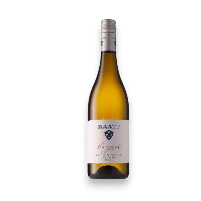 A bottle of RAATS ORIGINAL CHENIN BLANC 2023 by WINE: WINEBOW from Stellenbosch, South Africa, featuring a screw cap and a white label with blue and gold accents, shown against a plain white background.