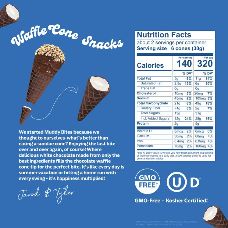 A person dressed in a light blue outfit sits on a plush, royal blue rug holding a bag of Muddy Bites Cookies &amp; Cream Waffle Cones in one hand and a small white chocolate waffle cone snack in the other. The beige and blue bag features an illustration of chocolate-dipped waffle cones.