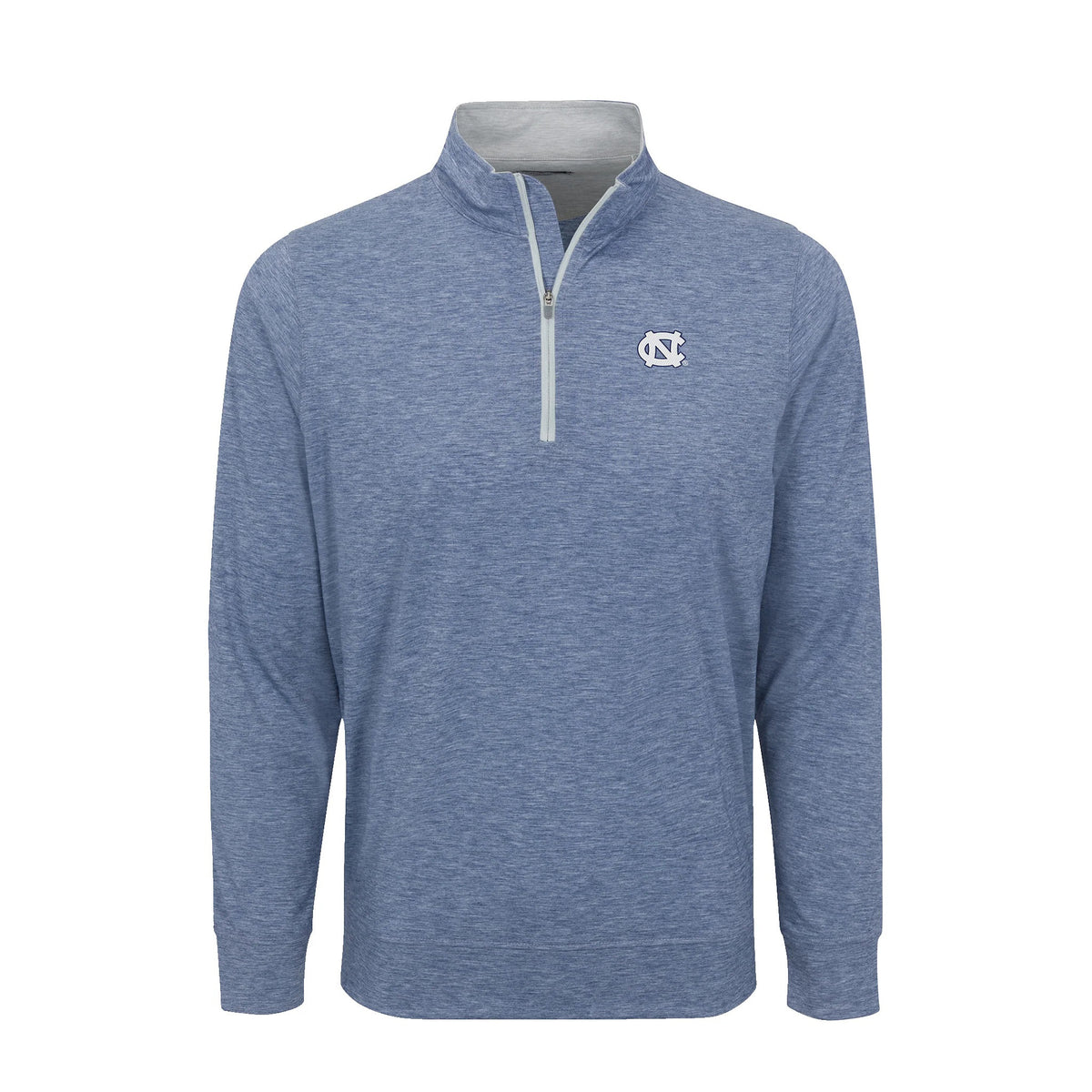 The COLLARS AND CO North Carolina DriRelease Performance Pullover in Dark Steel Blue features a modern fit, long sleeves, stand-up collar, white chest NC logo, white zipper, heathered moisture-wicking fabric, and sporty style.
