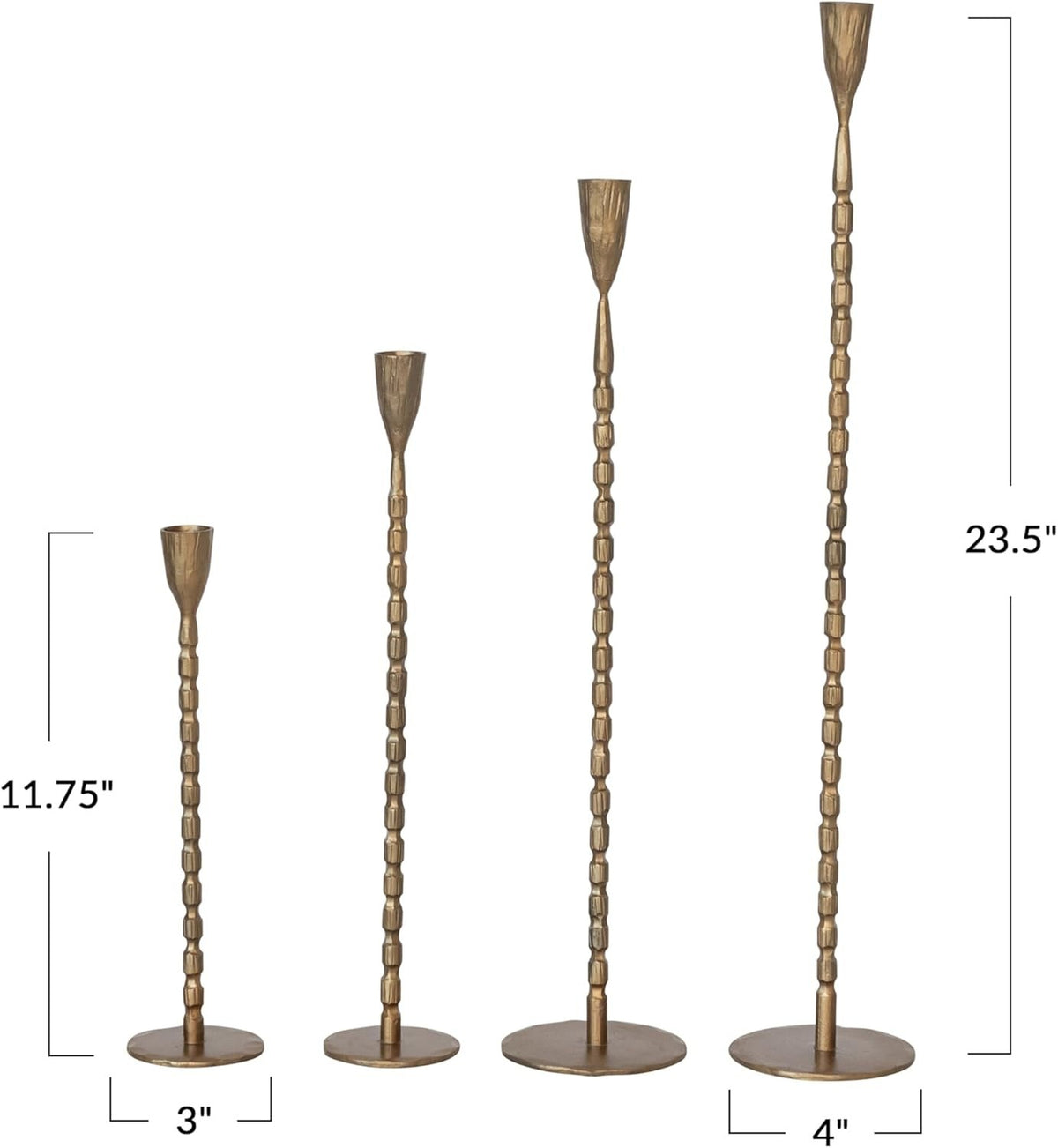 The CREATIVE COOP CAST IRON TAPER HOLDER IN BRASS FINISH, MEDIUM features a sleek, textured stem and round base, bringing elegant style to any setting.