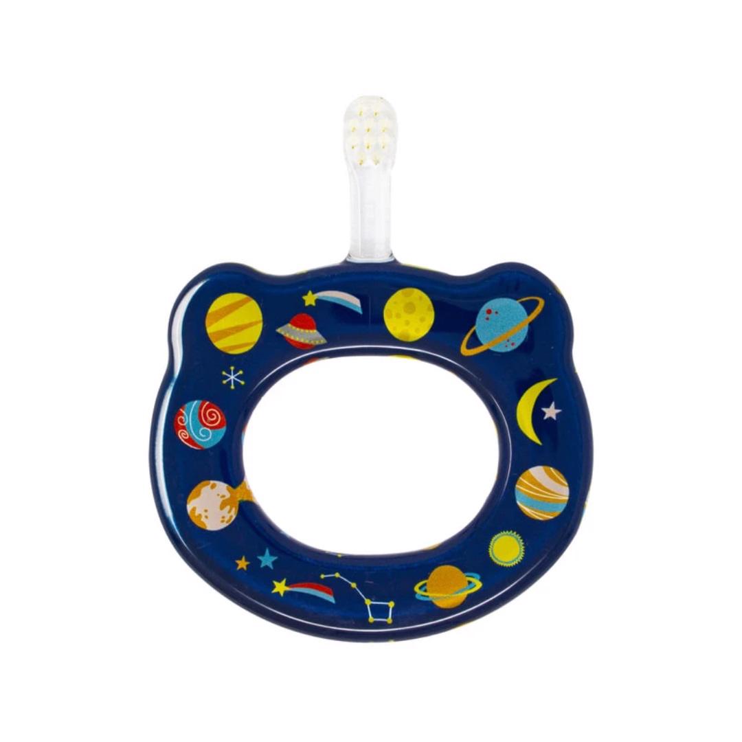 The HAMICO - BABY TOOTHBRUSH OUTER SPACE by HAMICO/INNOVATIVE TOOTHBRUSH features a blue, bear-shaped teething ring adorned with colorful planets, stars, comets, and other space-themed designs. The transparent brush on top and the ergonomic handle extending from one side of the ring provide preventative oral care in a playful and functional design.