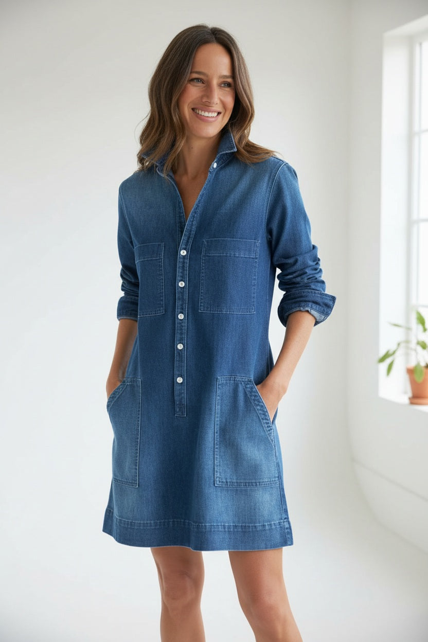 A person wearing the FRANK &amp; EILEEN Southern Ireland Utility Dress in Italian Dream Light Denim 1984 Wash, featuring long sleeves, large front pockets, and white buttons, stands outdoors with one hand in their pocket. Their face is not visible. The dress’s classic style subtly nods to practical Irish design.