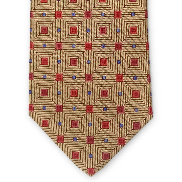 Expertly handmade in New York, the Peter-Blair Bespoke Adirondack Silk Tie in yellow by Bird Dog Bay features a rolled-up gold woven silk design, adorned with a geometric pattern of red diamonds and small blue squares.