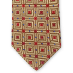 Expertly handmade in New York, the Peter-Blair Bespoke Adirondack Silk Tie in yellow by Bird Dog Bay features a rolled-up gold woven silk design, adorned with a geometric pattern of red diamonds and small blue squares.