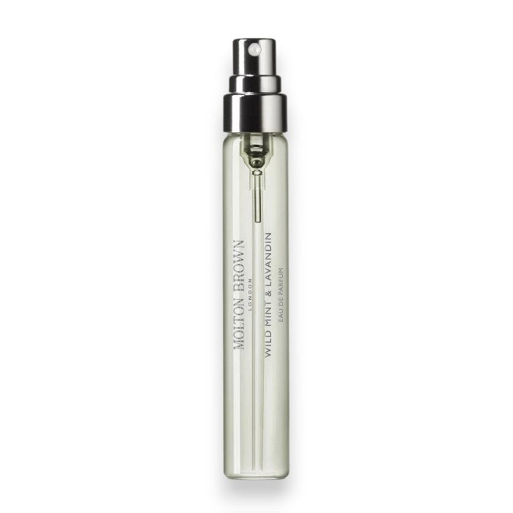 A clear glass spray vial of MOLTON BROWN Wild Mint &amp; Lavandin Eau de Parfum 7.5, featuring a silver nozzle and minimalist label with wild mint and lavandin design.