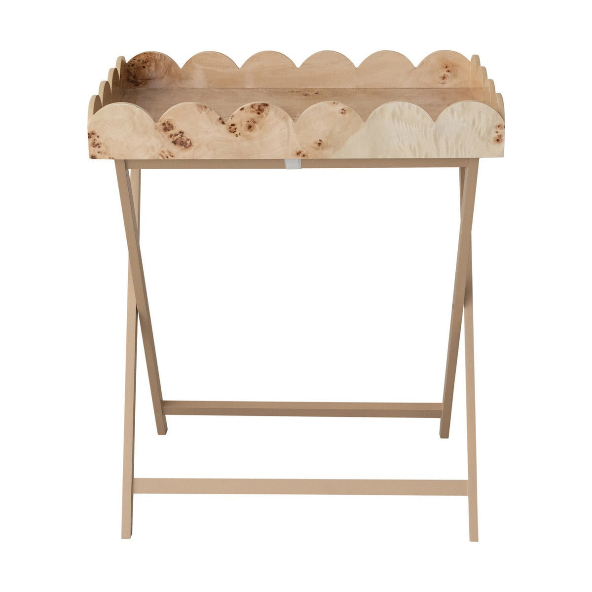 A CREATIVE COOP BURL WOOD VENEER FOLDING TABLE with a removable scalloped tray displays bottles, glasses, and blue-and-white vases with branches on top; the lower shelf holds books, more bottles, and a small bowl. It rests on a light wood floor.