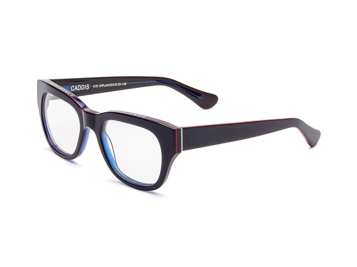 The CADDIS - MIKLOS PROGRESSIVE READERS by CADDIS, black thick-rimmed eyeglasses with durable scratch-resistant lenses, shown from the front against a white background.