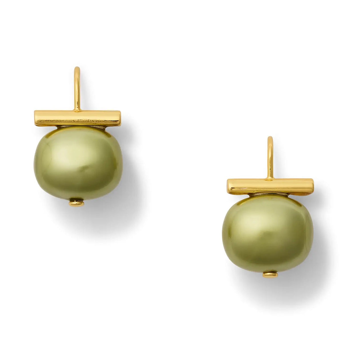 A pair of CC & CO BY CATHERINE CANINO Forever Fave Pebble Pearl Earrings in Lily Pad, featuring green, rounded pearls suspended from simple handmade gold bars for an elegant, hypoallergenic look, displayed on a white background.