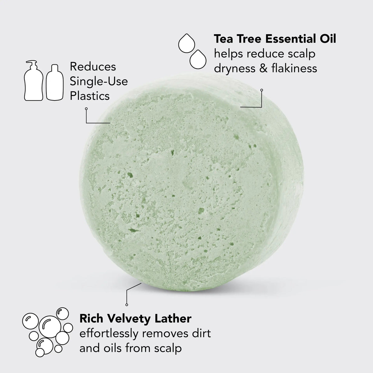 A light green KITSCH solid shampoo bar sits atop its packaging marked "TEA TREE &amp; MINT CLARIFYING SHAMPOO BAR, For a Deep, Refreshed Cleanse." Infused with tea tree oil, as a 4ocean Certified Cleanup Partner, KITSCH helps reduce single-use plastic.