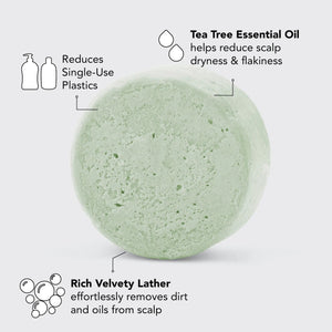 A light green KITSCH solid shampoo bar sits atop its packaging marked "TEA TREE & MINT CLARIFYING SHAMPOO BAR, For a Deep, Refreshed Cleanse." Infused with tea tree oil, as a 4ocean Certified Cleanup Partner, KITSCH helps reduce single-use plastic.