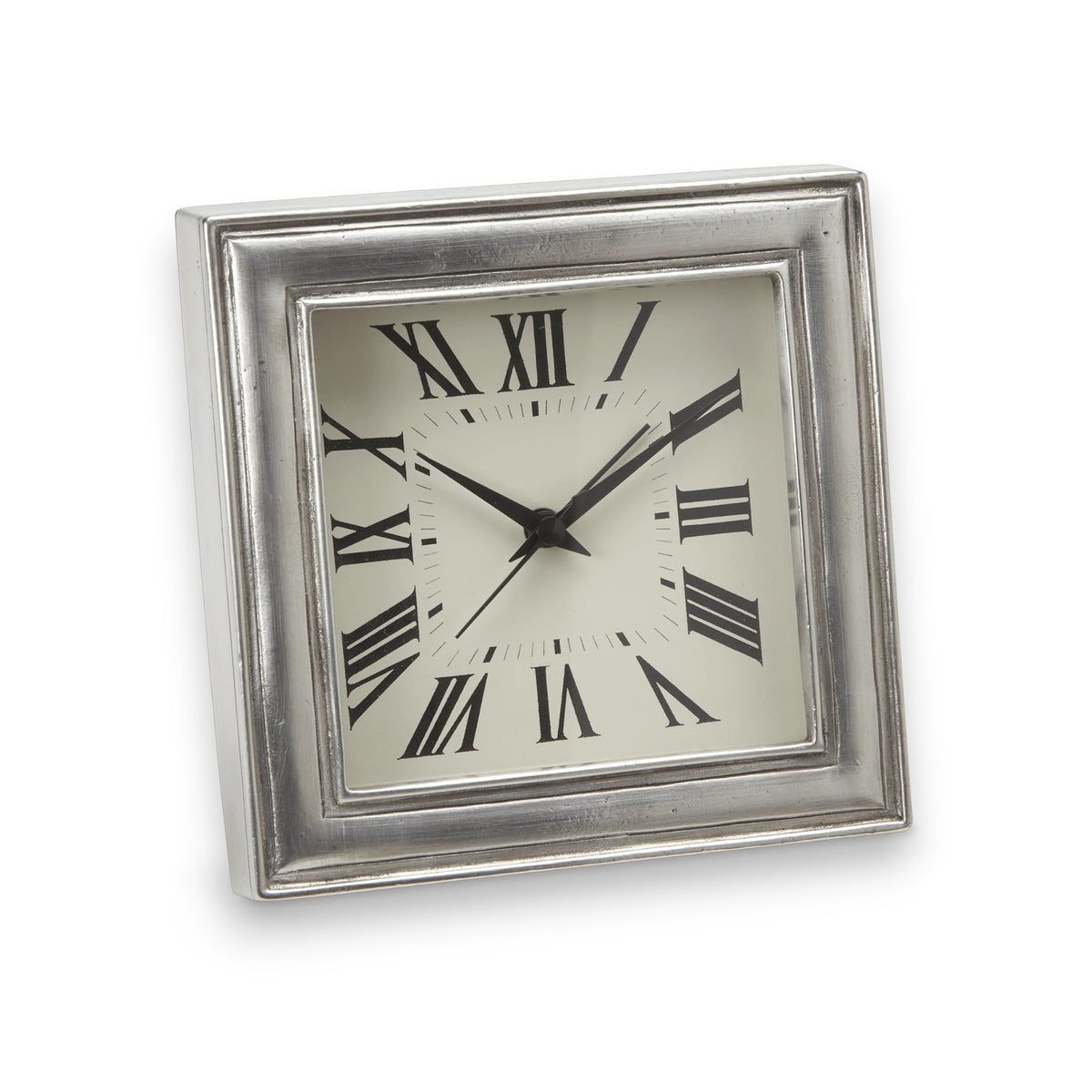 The MATCH Pewter Square Alarm Clock by MATCH has a silver frame, white face, black Roman numerals and hands set at 10:09. Its analog, vintage-inspired design makes this timepiece both stylish and timeless.