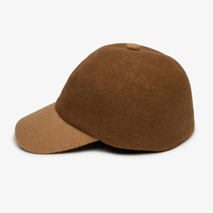 WYETH - BRADY BASEBALL CAP IN CINNAMON, a two-toned wool baseball cap with a dark brown crown and a lighter tan brim.
