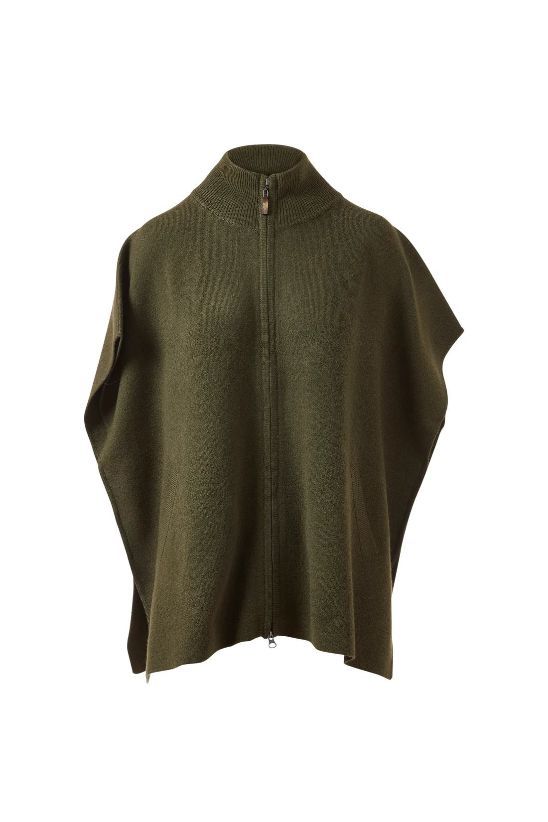 The KINROSS CASHMERE ZIP MOCK NECK CARDIGAN by KINROSS is an olive green, short-sleeve knitwear piece featuring a high ribbed collar and front zipper closure, crafted from a versatile cashmere blend. Displayed against a white background.