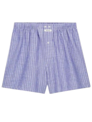 HARTFORD - COTTON BOXER SHORTS: Light blue men's boxer shorts with white pinstripes, elastic waistband, and single button fly by HARTFORD. Crafted for sustainability and shown on a plain light gray background.
