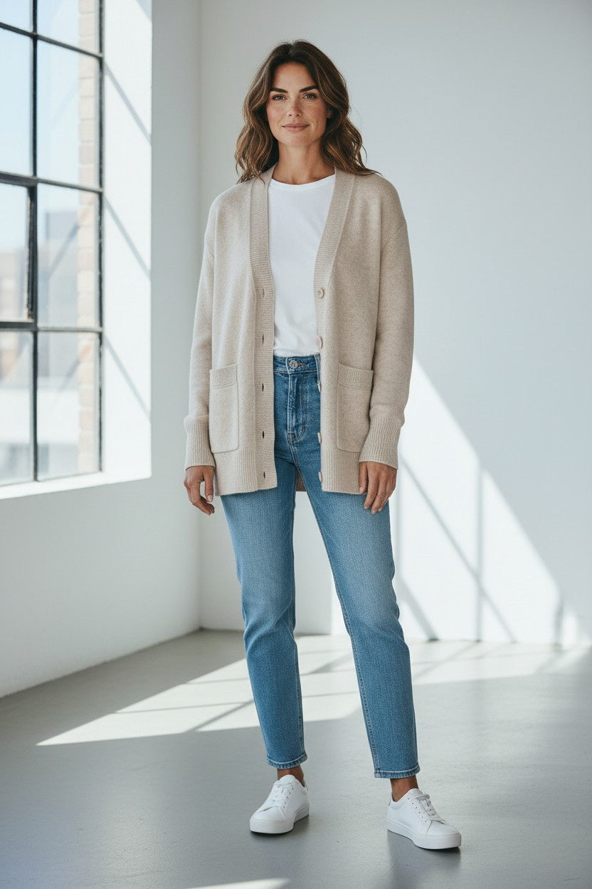 A woman stands indoors near large windows, sunlight streaming in and casting shadows on the floor, wearing the KINROSS EASY VEE Cardigan in Agate over a white shirt, paired with blue jeans and white sneakers.