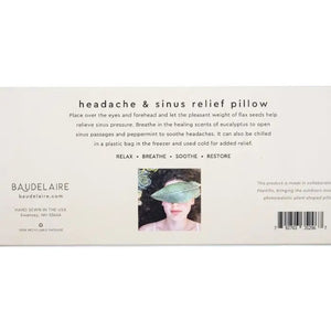 Baudelaire's Eucalyptus Headache/Sinus Relief Pillow features elegant eucalyptus packaging. Infused with a calming eucalyptus peppermint aroma, it's accentuated by real leaves and delicate yellow flowers for added tranquility.
