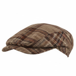The WIGENS - Ivy Contemporary Tweed Cap in Beige Melange is a men’s flat cap crafted from brown plaid wool tweed, featuring a short sewn-down brim and a classic check pattern in shades of brown and beige with subtle hints of red and gray. Set against a plain white background, this stylish accessory is from the renowned brand WIGENS.