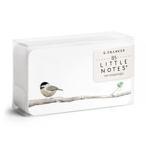 The E. FRANCES PAPER - CHIKADEE LITTLE NOTES features 85 small notecards in a clear box with a charming watercolor of a chickadee on a branch.