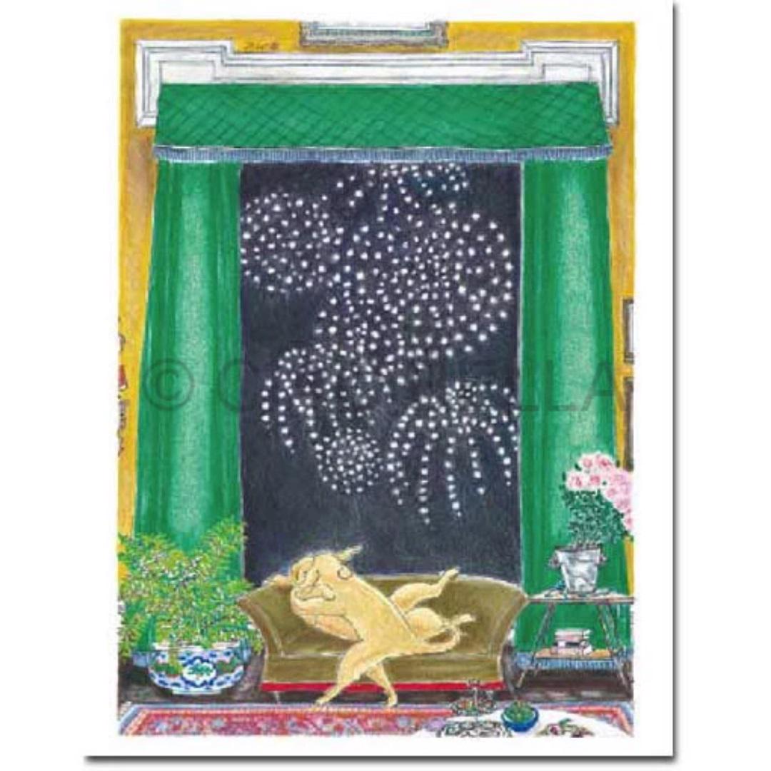 A whimsical illustration on the "CIAO BELLA - A KISS TO BUILD A DREAM ON CARD" by CIAO BELLA, showcasing a yellow dog lounging on a green sofa while gazing contentedly at fireworks outside a tall window framed by green curtains. The room exudes coziness, featuring plants, a blank note card on the table, and a rug that enhances the charming ambiance.