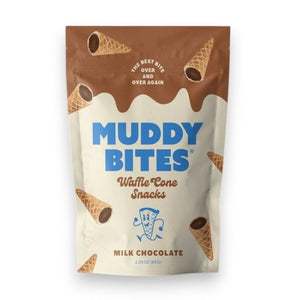 A bag of MUDDY BITES- MILK CHOCOLATE WAFFLE CONES against a brown background. The resealable packaging features the slogan "The Best Bit Over and Over Again" and boasts a 365+ day shelf life. This GMO-free product is also Kosher certified (D).