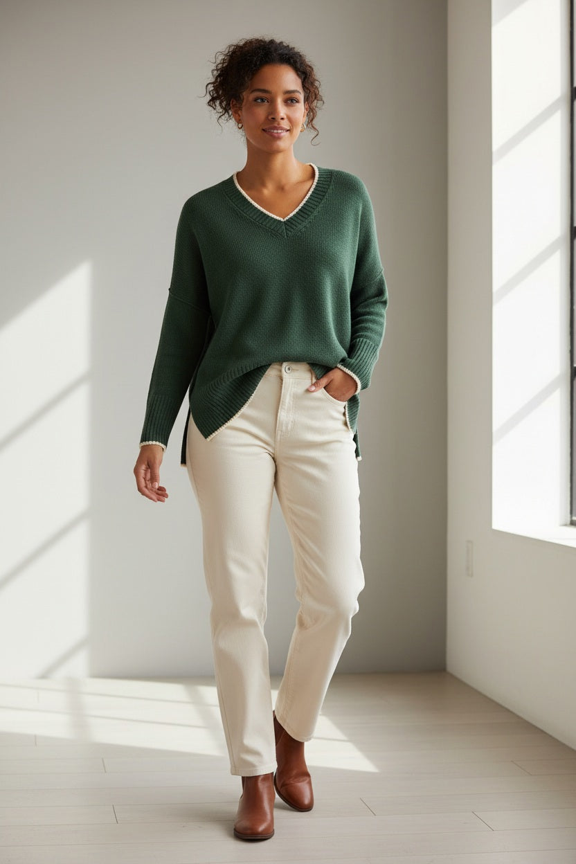 A person wearing the MERSEA Montauk Colorblock V Neck Sweater in Eden, paired with off-white pants and brown ankle boots, stands in a sunlit room with white walls and light wood floors.