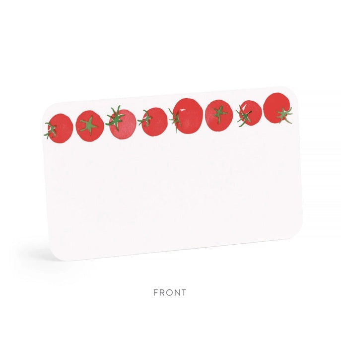 The E. FRANCES - LITTLE NOTES TOMATO by E. FRANCES PAPER is a white mini note card with rounded corners, decorated with illustrated red tomatoes and green stems along the top edge—ideal for gardening stationery fans.