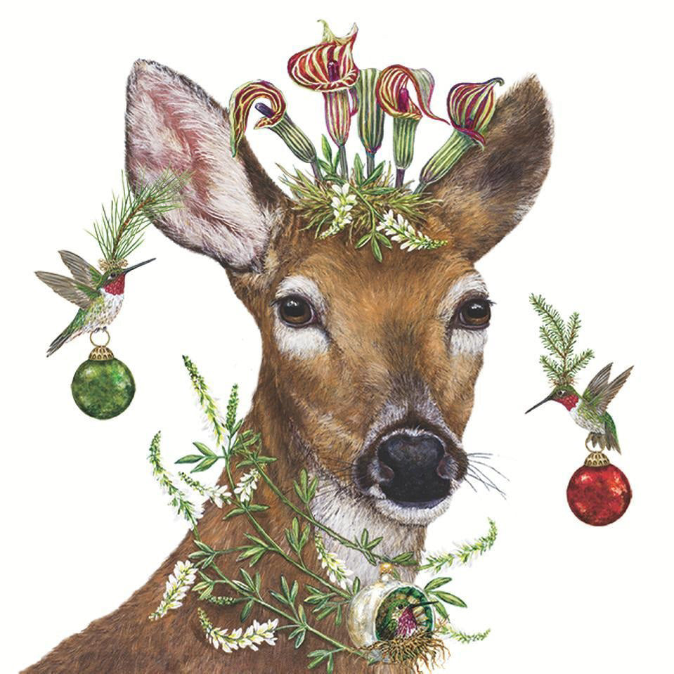 The PAPER PRODUCTS DESIGN CHRISTMAS PRINCESS BEVERAGE NAPKIN features a deer with floral antlers, greenery accents, and two hummingbirds holding green and red ornaments—a charming touch for your festive holiday table.