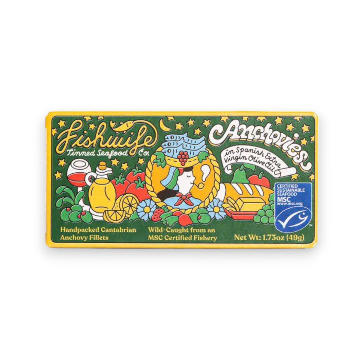 A bright yellow tin of FISHWIFE - CANTABRIAN ANCHOVIES IN EXTRA VIRGIN OLIVE OIL from the brand FISHWIFE features colorful illustrations of a mermaid holding a can of fish, surrounded by various vegetables. The label includes MSC certification, indicating that the sustainable fishery ensures the fish are wild-caught. Net weight: 1.73 oz (49g).