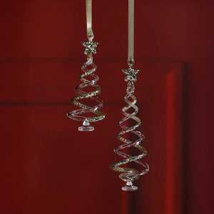 CLEAR TWISTED TREE DESIGN ORNAMENT - SMALL 5-inch clear glass spiral Christmas tree ornament topped with a gold glitter star.