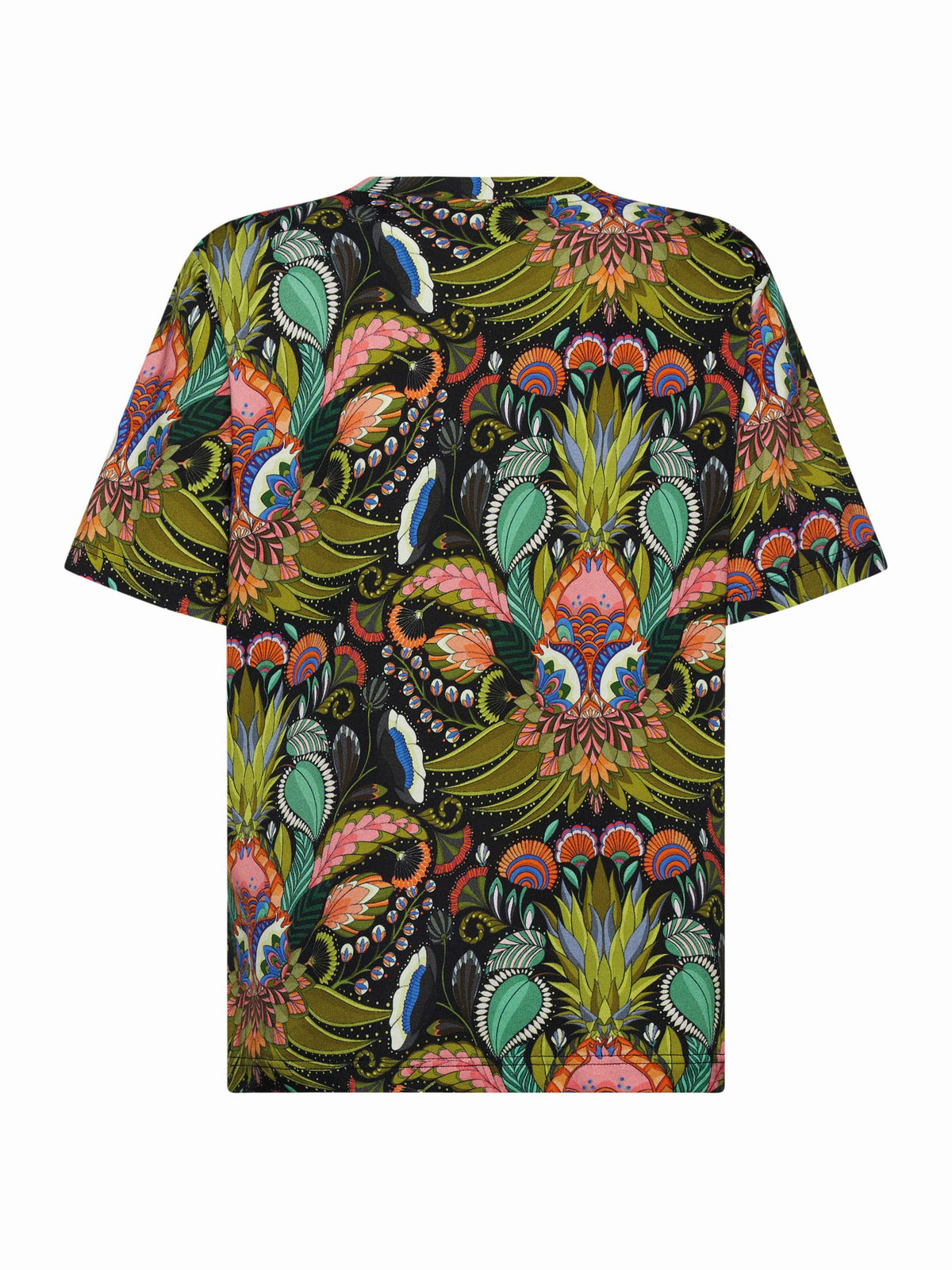 The FRANCO FERRARI PRINT COTTON T-SHIRT combines artistic flair with a colorful geometric star pattern in white, teal, orange, and blue on an orange background, making it ideal for elevated casual wear.