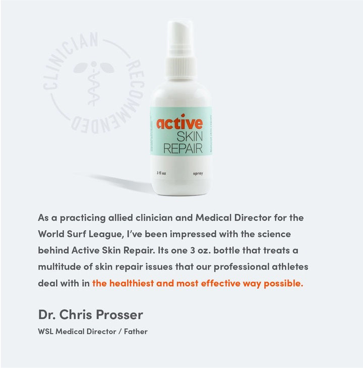 A white spray bottle labeled &quot;ACTIVE SKIN REPAIR - SPRAY ACTIVE SKIN REPAIR&quot; sits at the center of a gray background. Below it, professional mountain biker Brian Lopes shares his testimonial, praising the effectiveness of this hypochlorous (HOCl) formula from ACTIVE SKIN REPAIR for various skin issues and wound care.