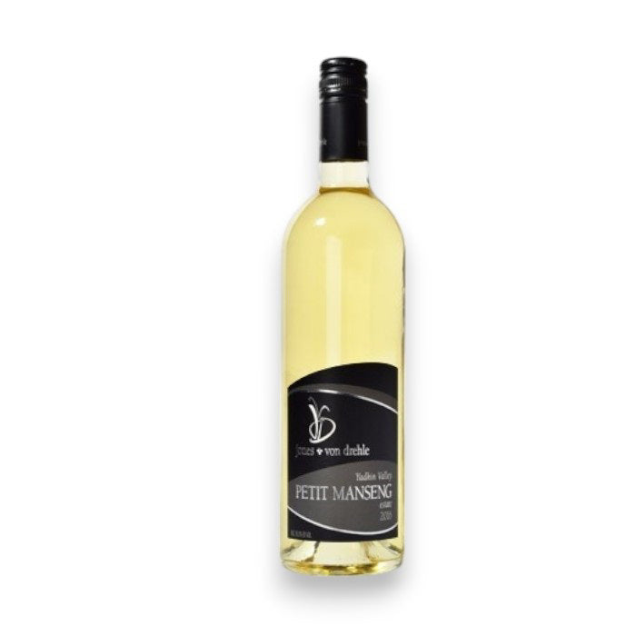 A bottle of "JONES von DREHLE PETIT MANSENG 2022" white wine from North Carolina is featured against a white backdrop. The black label denotes the brand and vintage on a clear bottle capped with a black screw top.