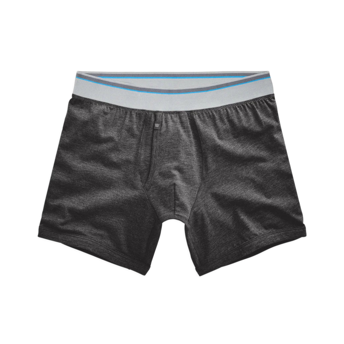 The MACK WELDON 18 HOUR JERSEY BOXER BRIEF in dark gray features a light gray no-roll waistband with two blue stripes, displayed on a white background.