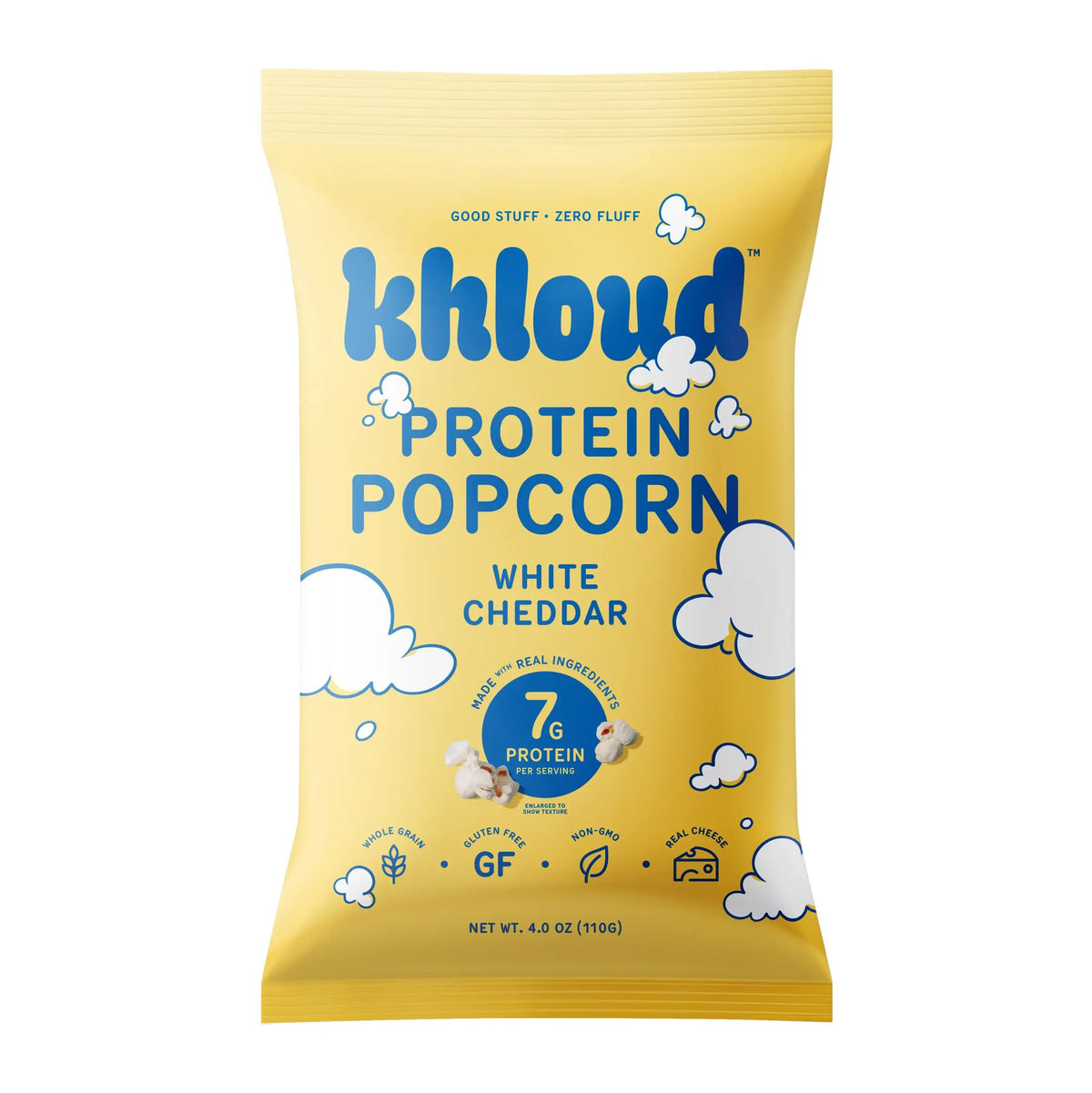 A yellow bag of KHLOUD FOODS KHLOUD- WHITE CHEDDAR PROTEIN POPCORN, decorated with playful cloud illustrations. This protein popcorn delivers 7g of protein per serving and is gluten-free, soy-free, and non-GMO. Savor the delicious cheesy flavor in every bite. Net weight: 4 oz (110g).