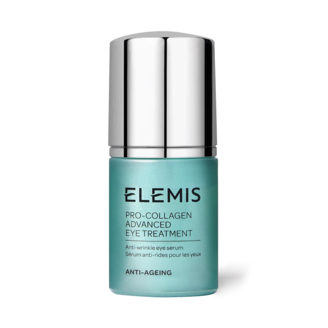 A teal bottle of ELEMIS - PRO-COLLAGEN ADVANCED EYE TREATMENT by ELEMIS - STEINER, featuring a silver cap, is labeled as an anti-aging eye serum and wrinkle treatment for visibly smoother, younger-looking skin.