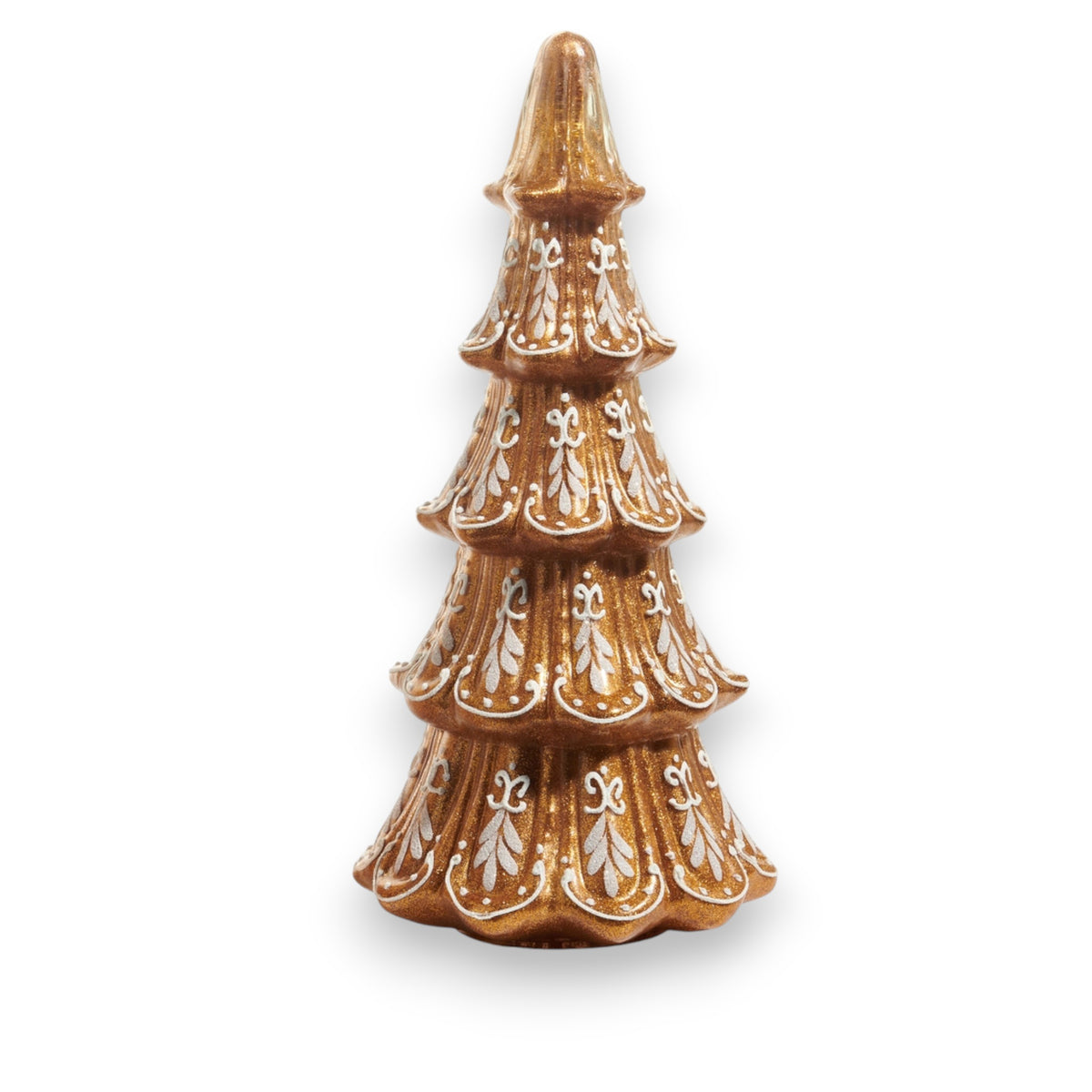 The ORNATE GLASS GINGERBREAD TREE - LARGE by RAZ IMPORTS, featuring layered branches and intricate white patterns, stands next to a 14.5 inch decorative vase, both set against a white background.
