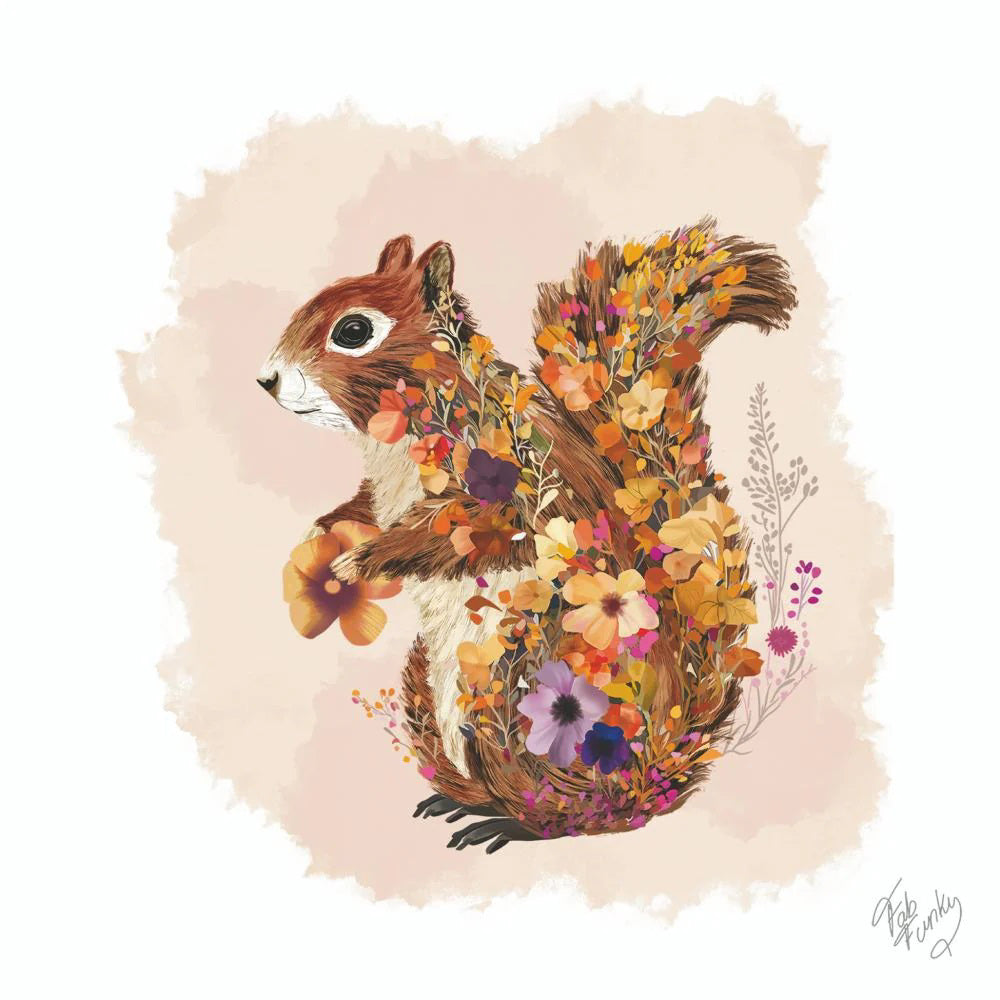 The REGENCY SQUIRREL BEVERAGE NAPKINS by PAPER PRODUCTS DESIGN feature an illustration of a squirrel adorned with vibrant, multicolored flowers. The art beautifully blends the animal&#39;s natural form with floral elements against a soft, beige background.